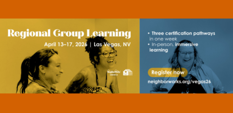A banner against an orange screen talks about the regional group learning in Las Vegas.